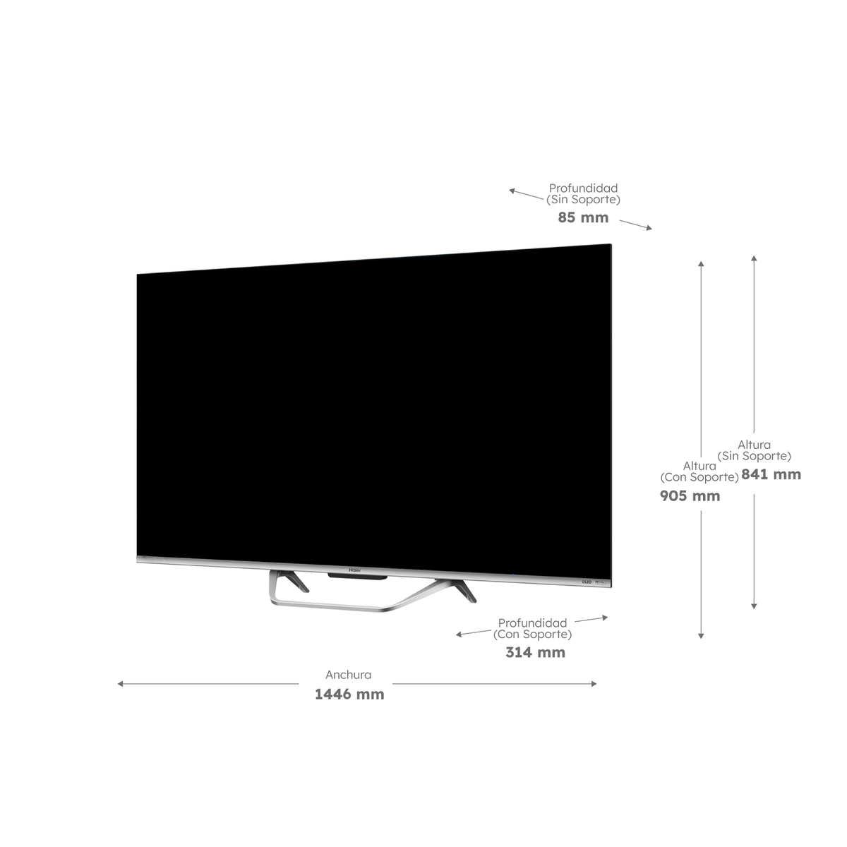 Un téléviseur à écran plat avec des dimensions indiquées. Comprend les mesures de hauteur, largeur et profondeur, avec et sans pied.