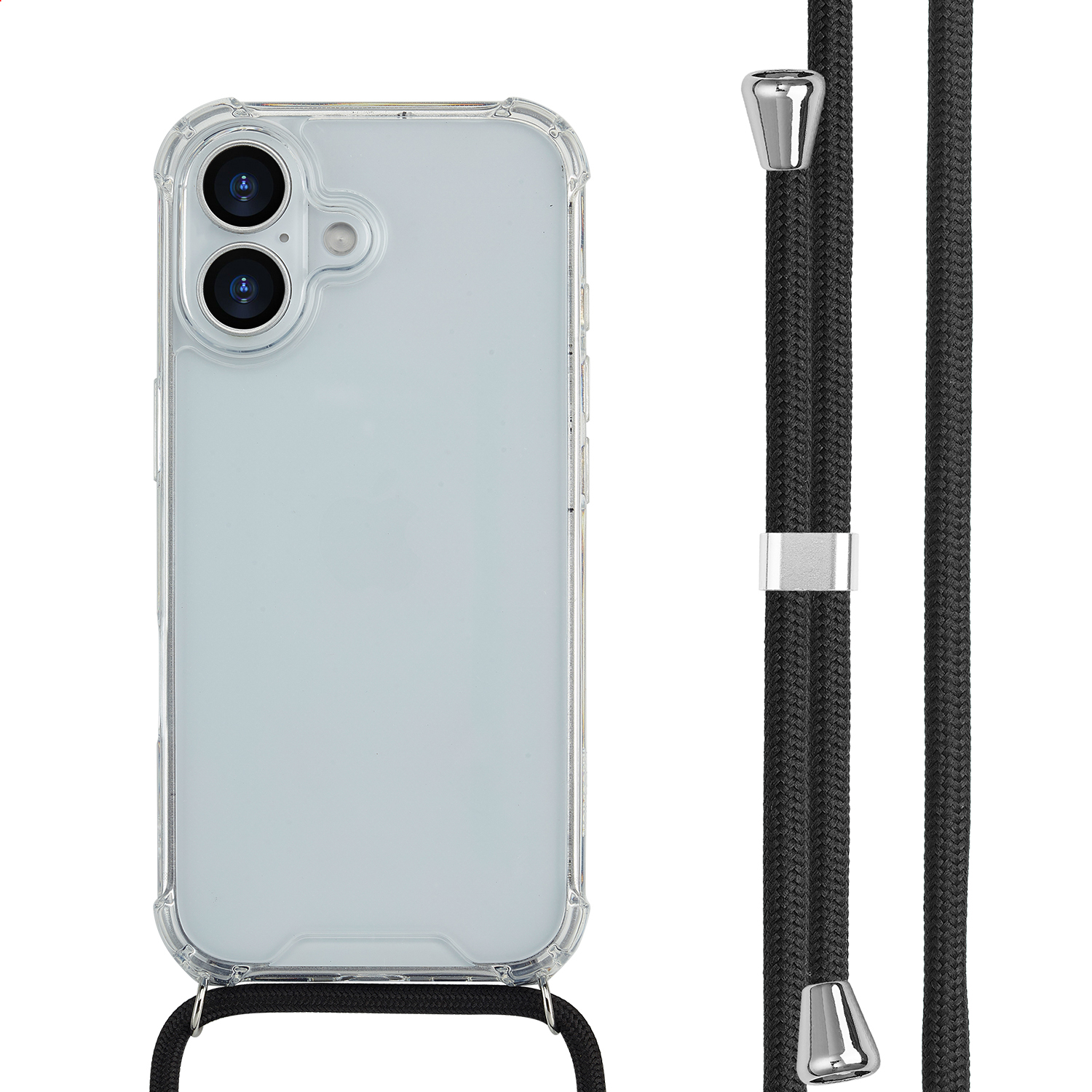 Eine transparente Handyhülle mit schwarzem Umhängeband. Das Telefon hat zwei Kameras. Das Umhängeband hat silberne Metalldetails.