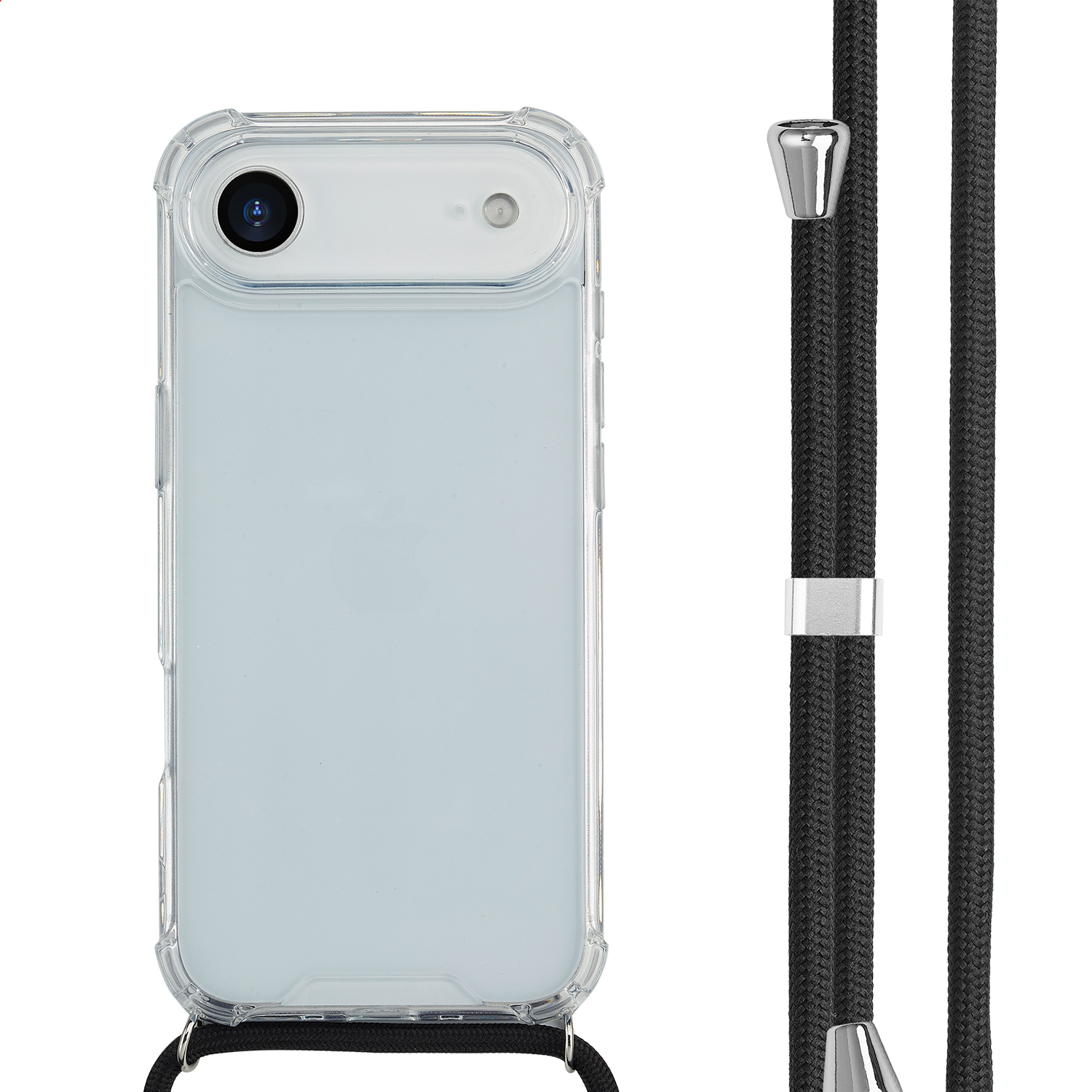 Een doorzichtige telefoonhoes met een zwart koord. De telefoon heeft een camera. Het koord heeft zilveren metalen details.
