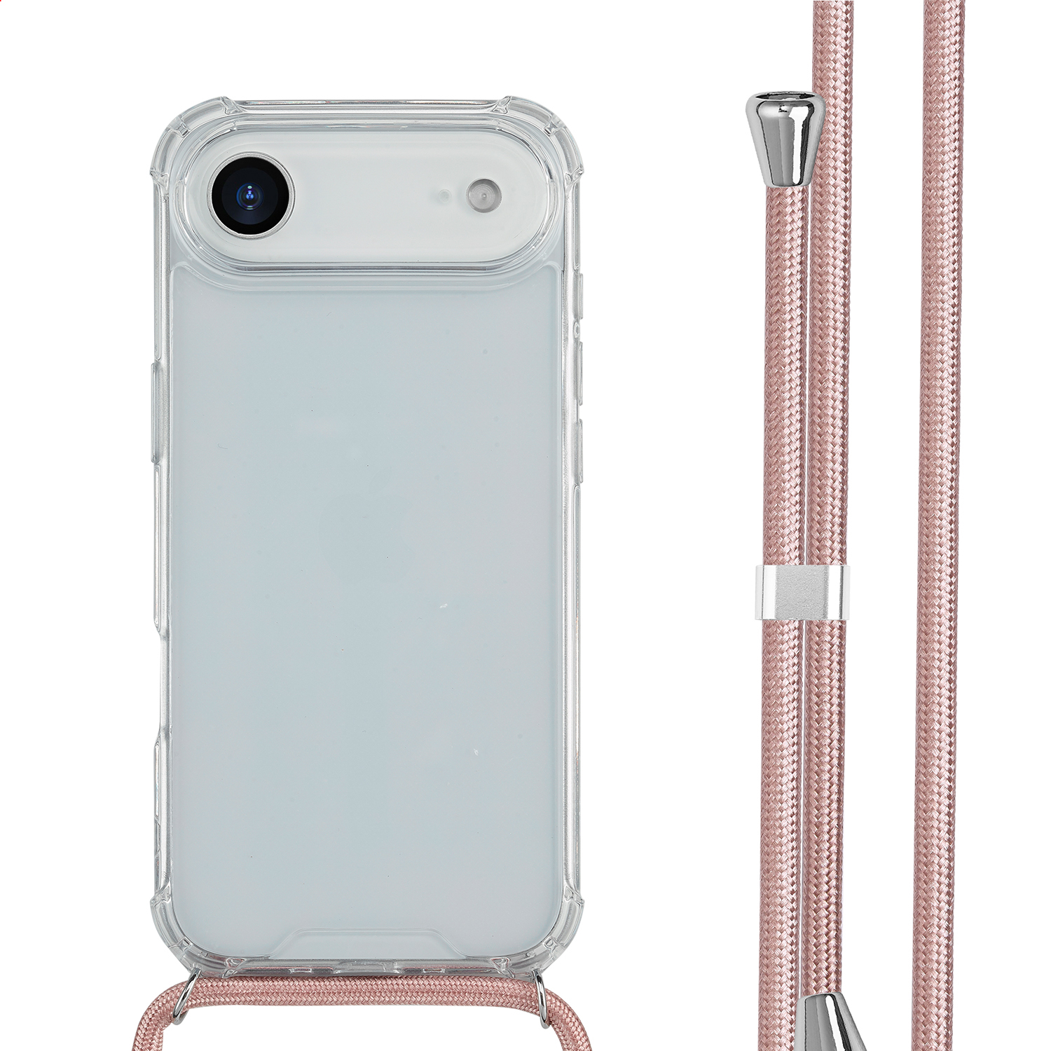 Een transparante telefoonhoes met een roségouden lanyard. De telefoon heeft een camera en flits. De lanyard heeft metalen accenten.
