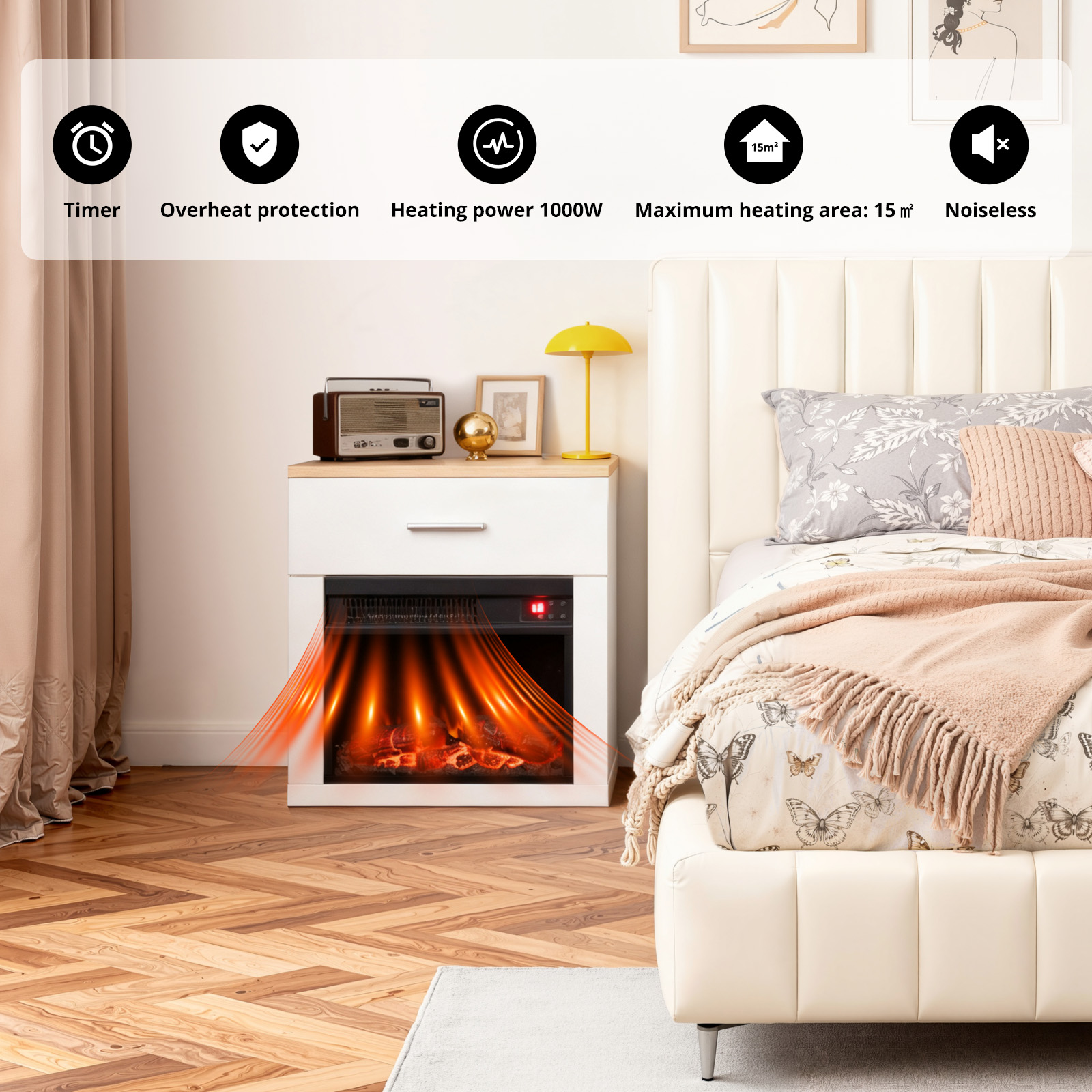 Biały kominek z płomieniami, obok łóżka z wzorzystą pościelą. Szczegóły: timer, ochrona przed przegrzaniem, moc grzewcza, bezgłośny.