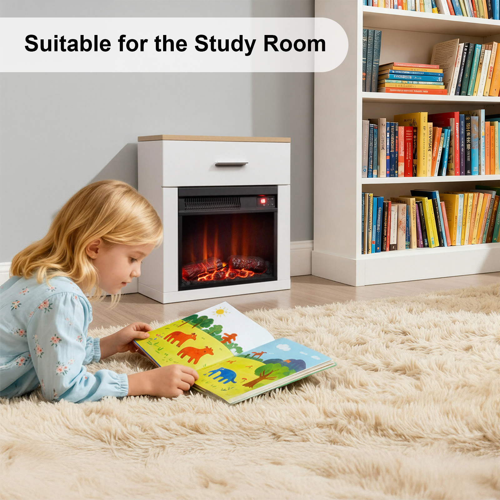 Dziewczynka czyta książkę na puszystym dywanie. W tle kominek i regał z książkami.