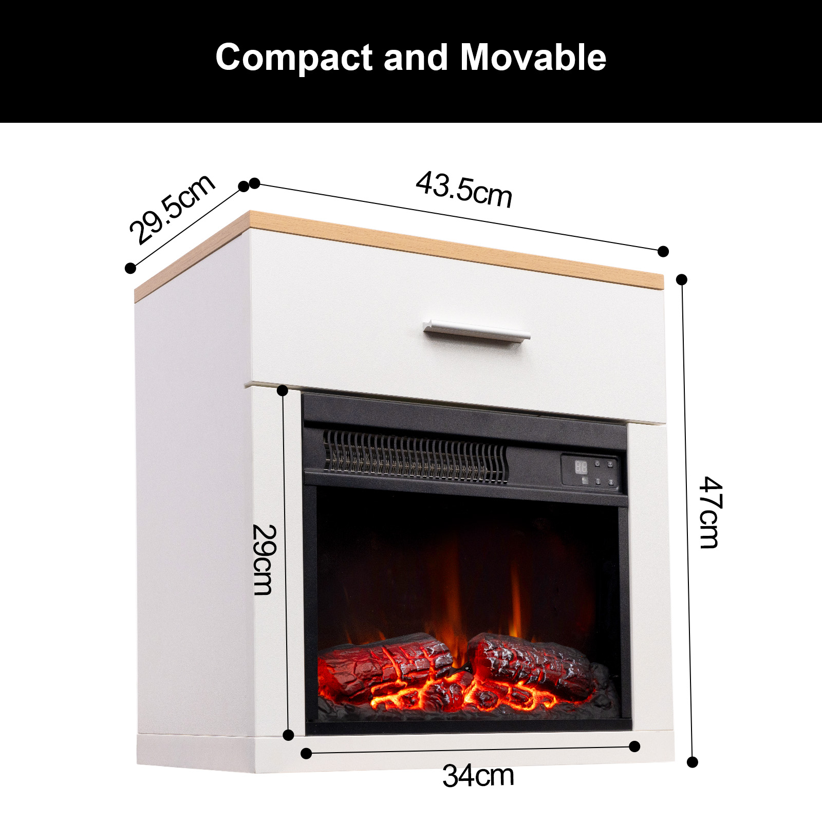 Biały i brązowy kominek elektryczny z wymiarami. Wyświetlacz ognia pokazuje żarzące się czerwone kłody.