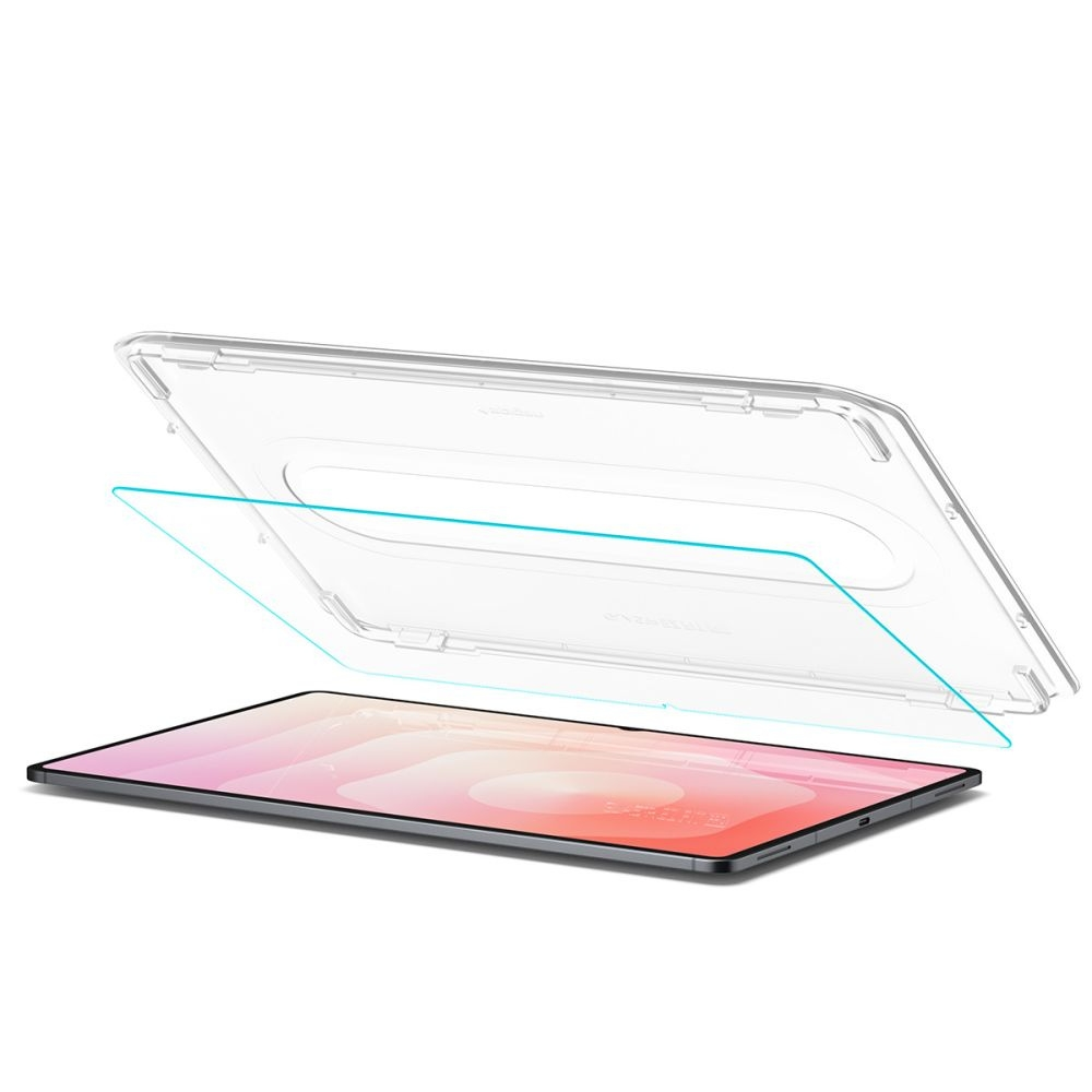 A tablet with a screen protector and a clear case is displayed, all components slightly separated against a white background.