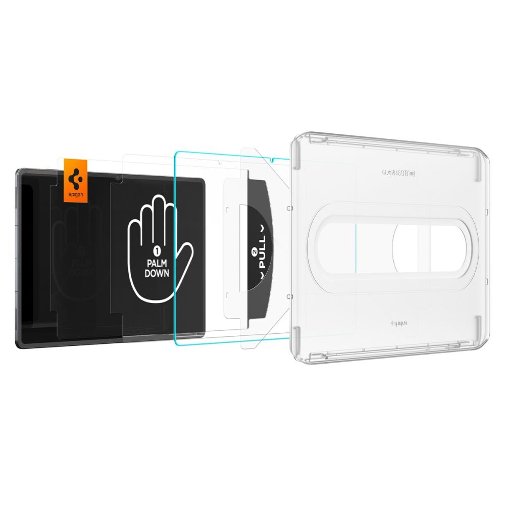 Exploded view of a phone screen protector kit. It has layers, with instructions like 'palm down' and 'pull', and a clear protector.