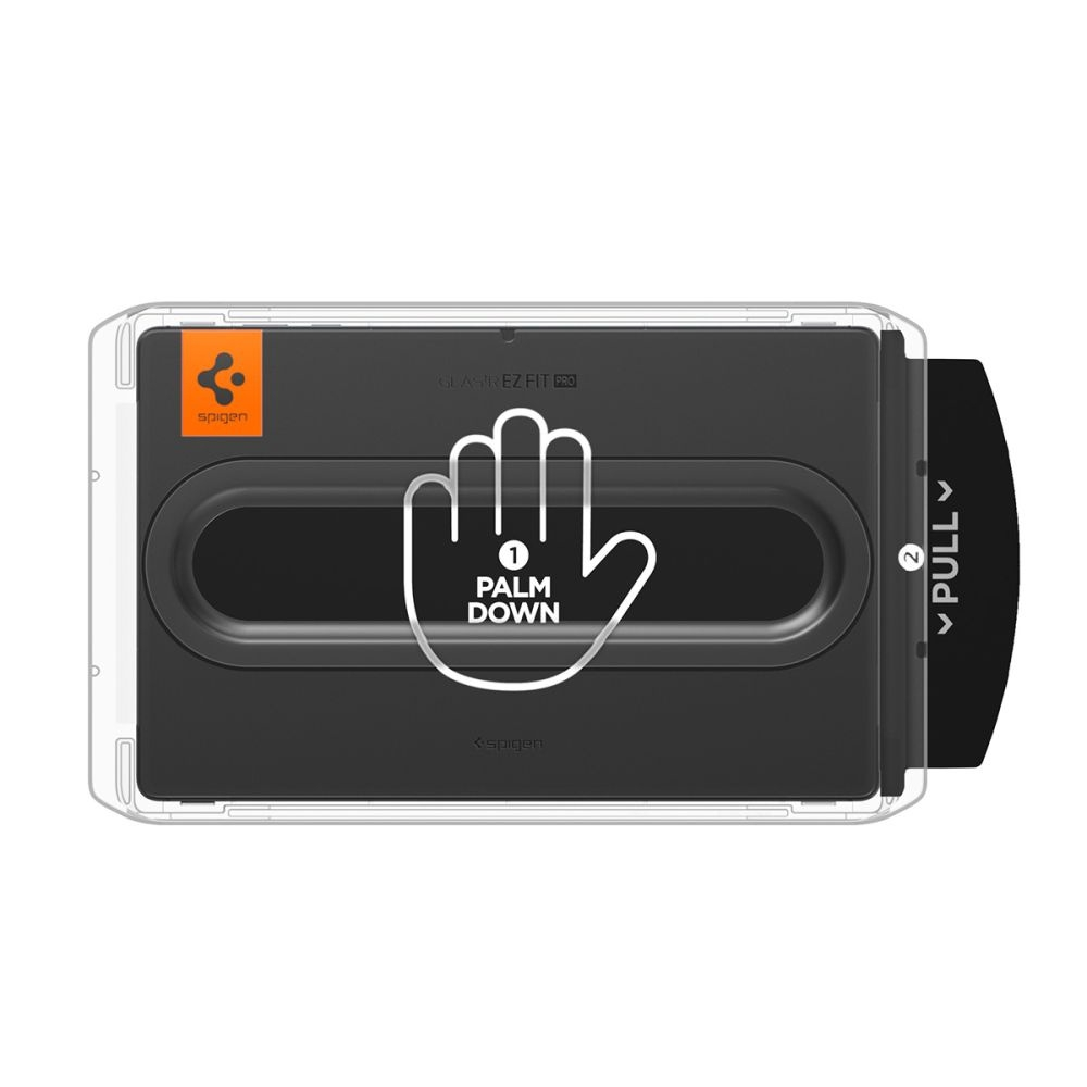 A Spigen screen protector kit with palm down instructions. Shows a hand symbol and 'Pull' direction.