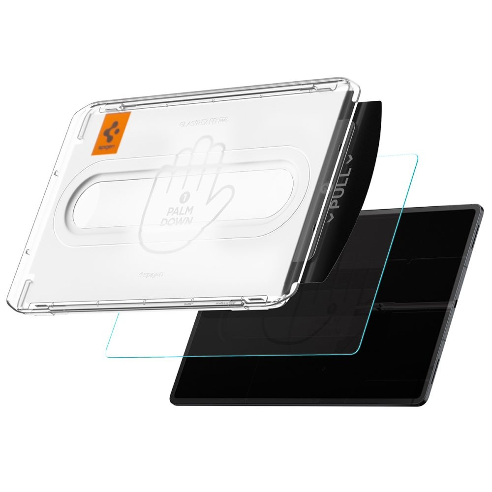 Clear screen protector and case with a tablet. Protector has palm down instructions. Tablet screen is black.