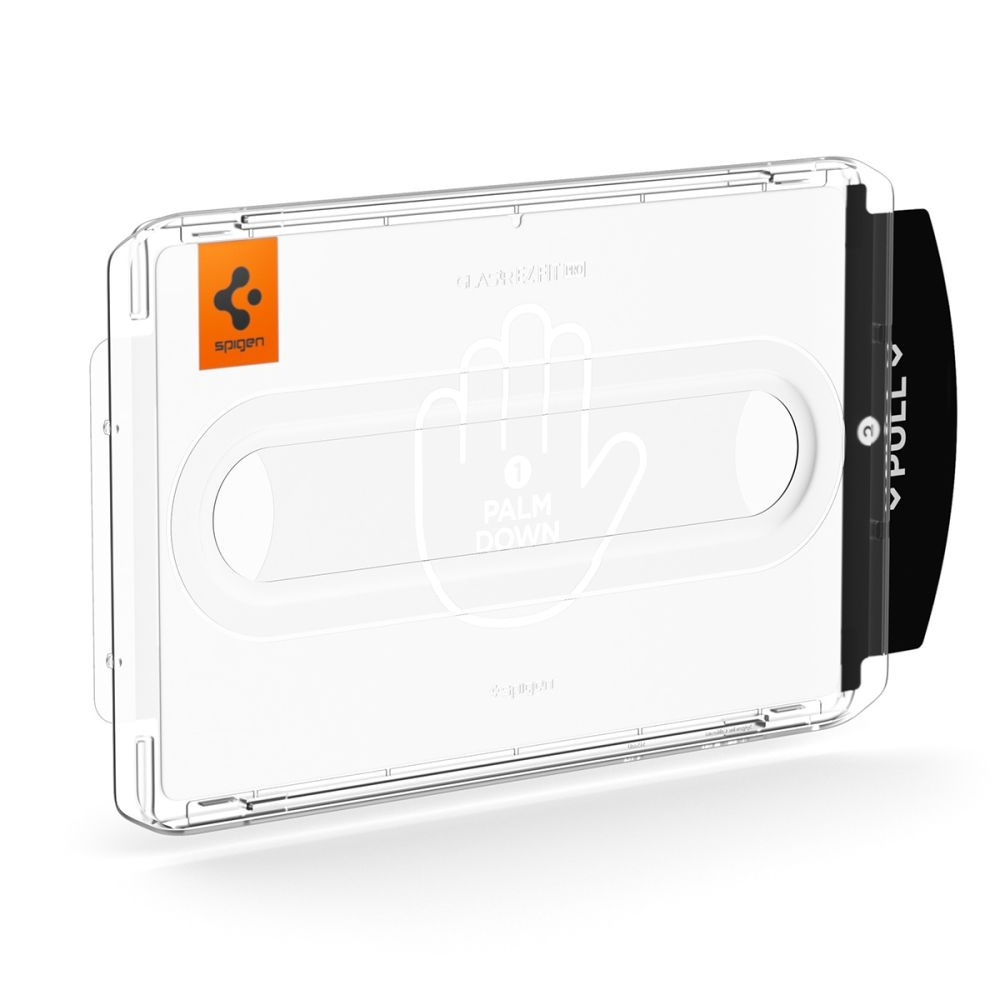 Clear plastic phone screen protector. Has a Spigen logo and instructions: palm down, pull. The pull tab is black.