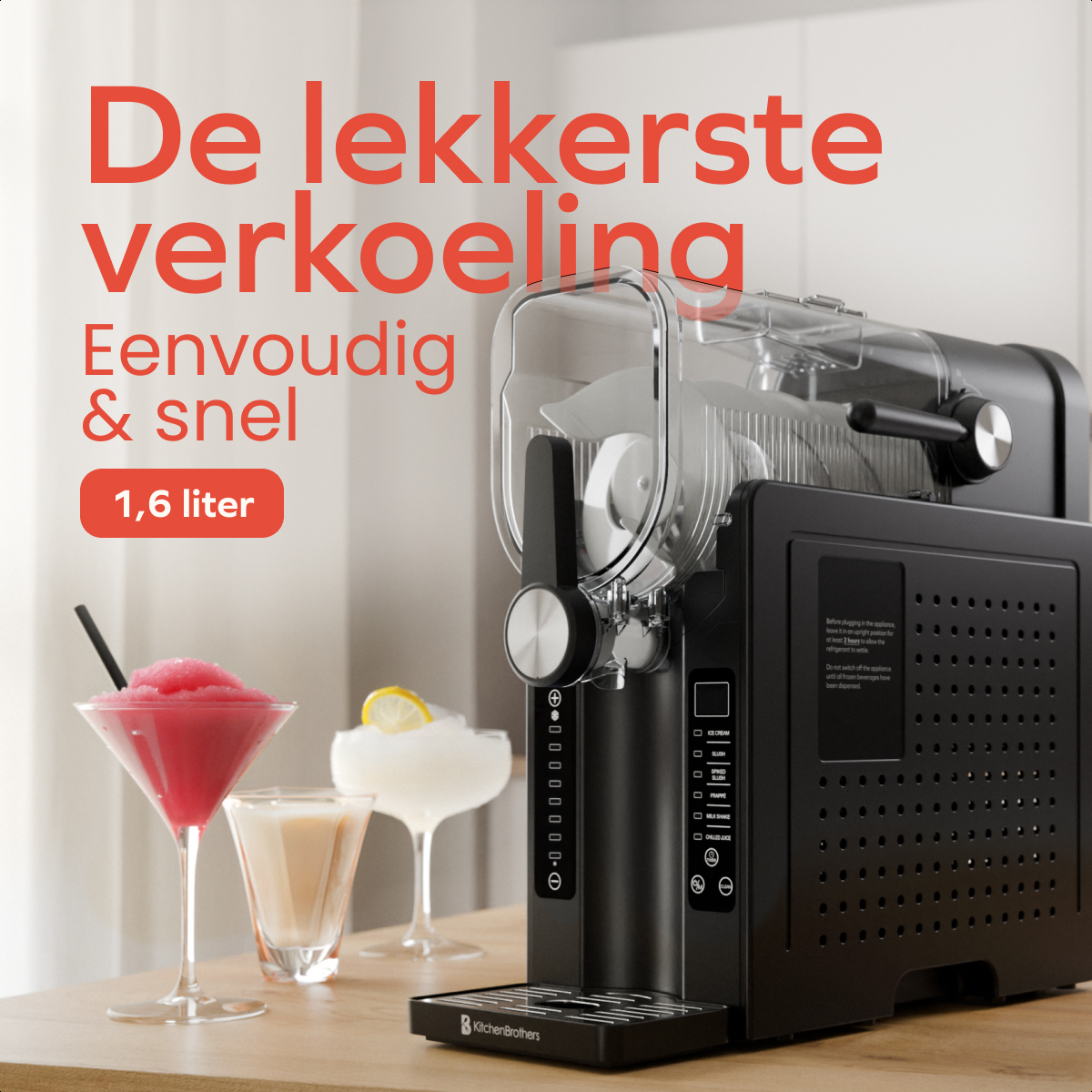 A black KitchenBrothers slush machine with frozen drinks and text in Dutch: 'De lekkerste verkoeling'.
