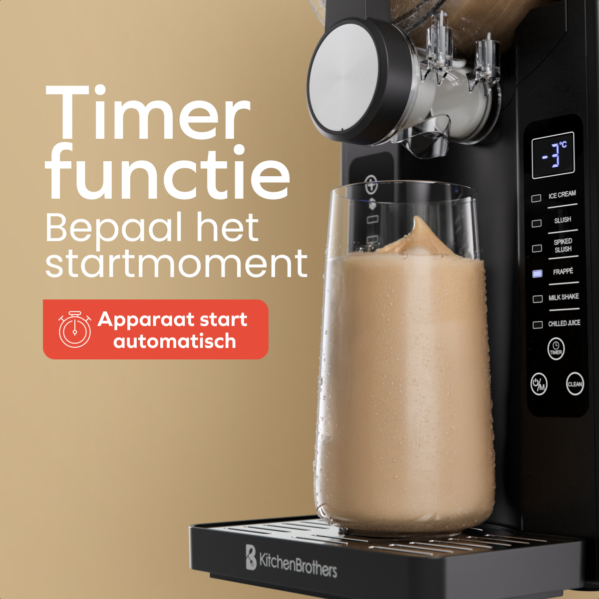 A frothy drink in a glass sits on a machine. Text reads 'Timer functie' and 'Apparaat start automatisch'.