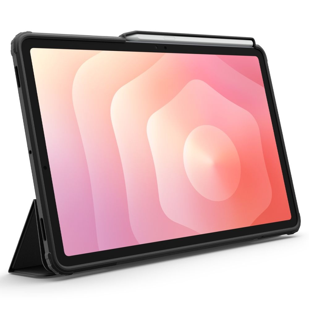 A tablet with a black case and a stylus. The screen displays a pink and white abstract design. The tablet is on a white surface.