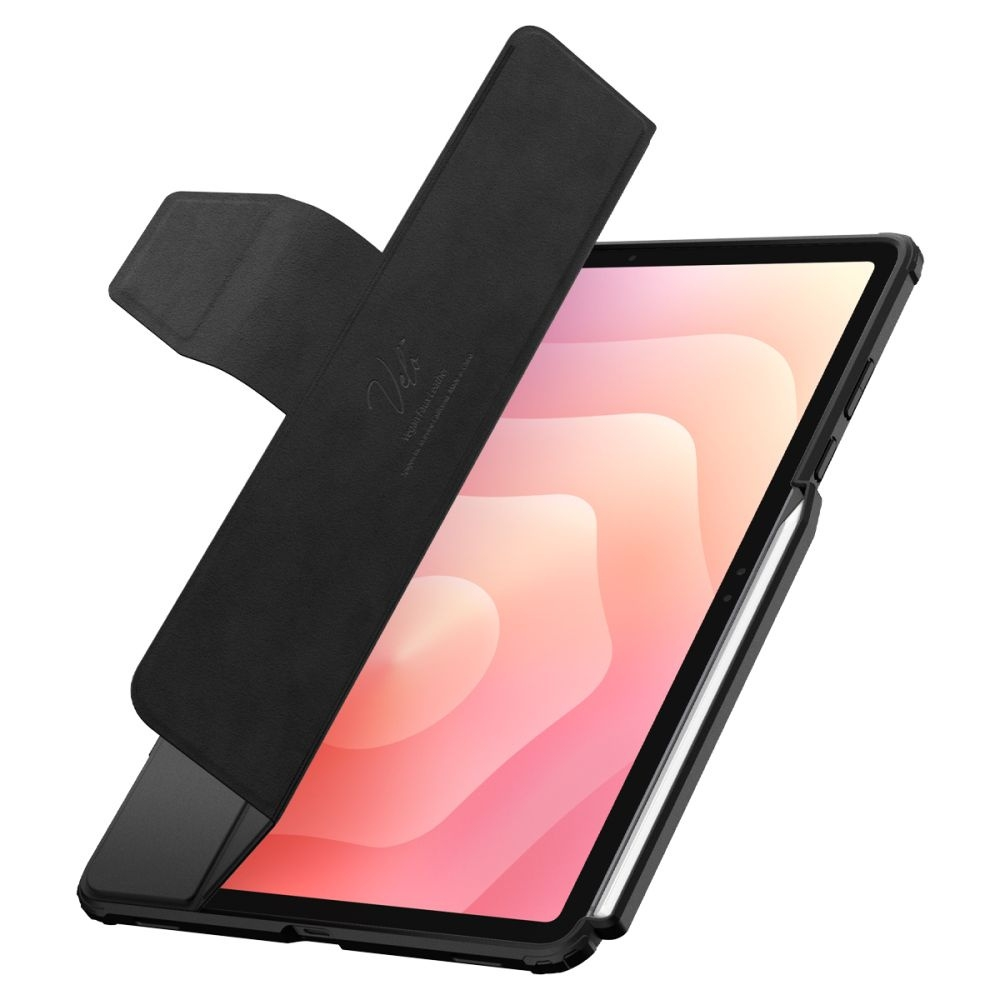 A black tablet with a black case is displayed at an angle. A stylus is attached. The case is open, showing the screen.