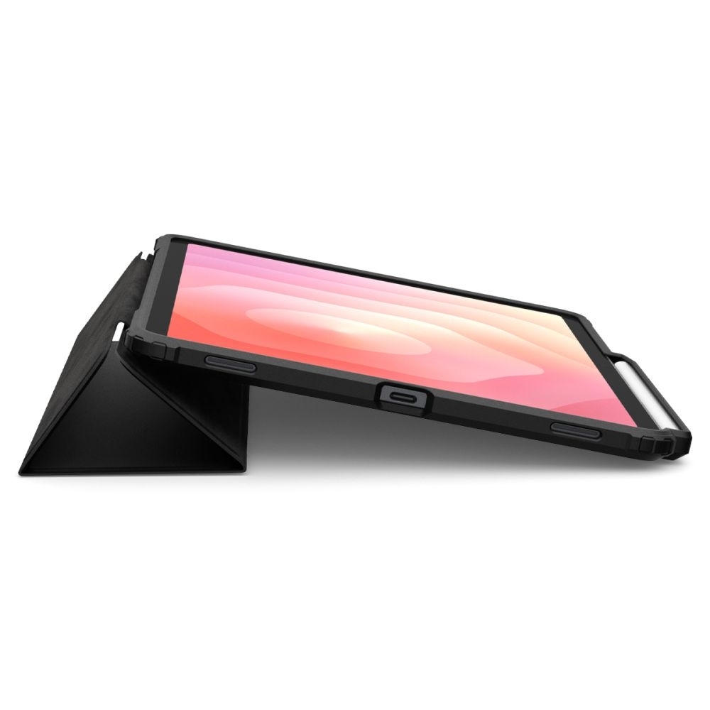 A tablet in a black case is propped up. The screen displays a light red gradient. The case is angled, with a black stand.