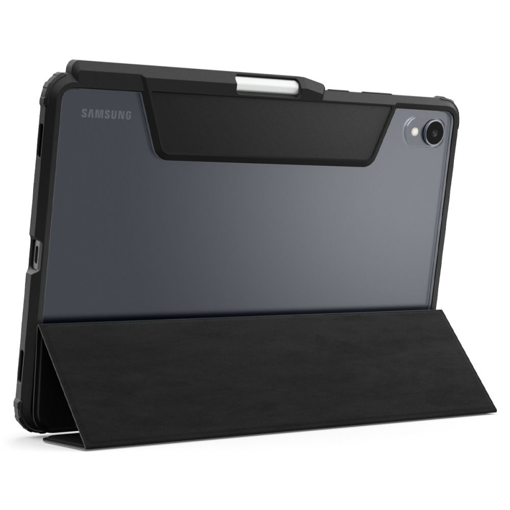 A Samsung tablet in a black case with a foldable cover. The cover is open, supporting the tablet. The background is white.