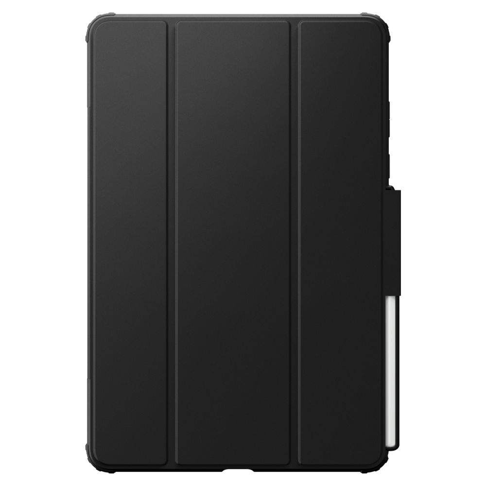 A closed, black tablet case with a three-fold cover. The right side has a white stripe and a pen holder.