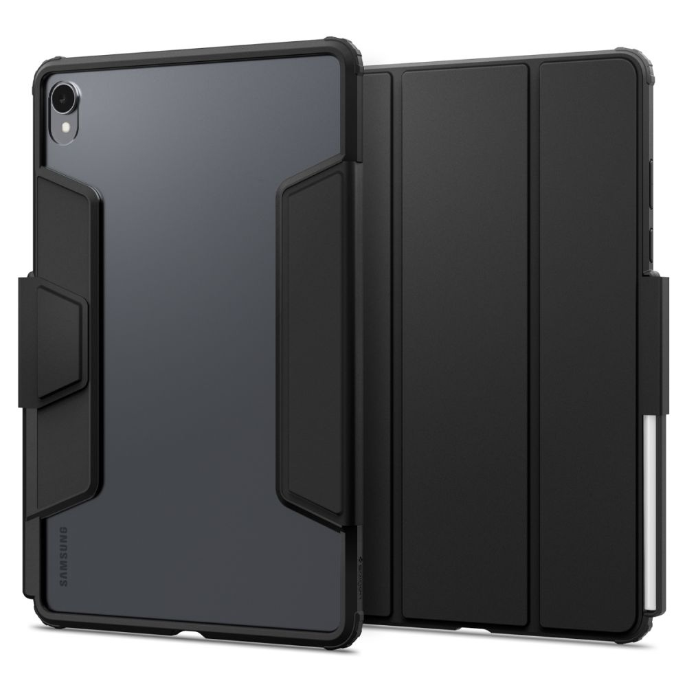 Black tablet case with a protective design. The case is open, revealing the tablet. The case has a textured appearance.