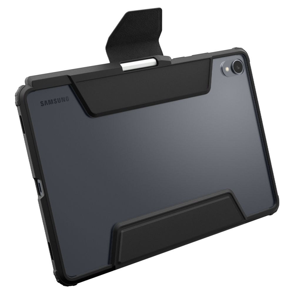 A Samsung tablet in a black protective case, featuring a cover, and a camera lens on the top right corner.