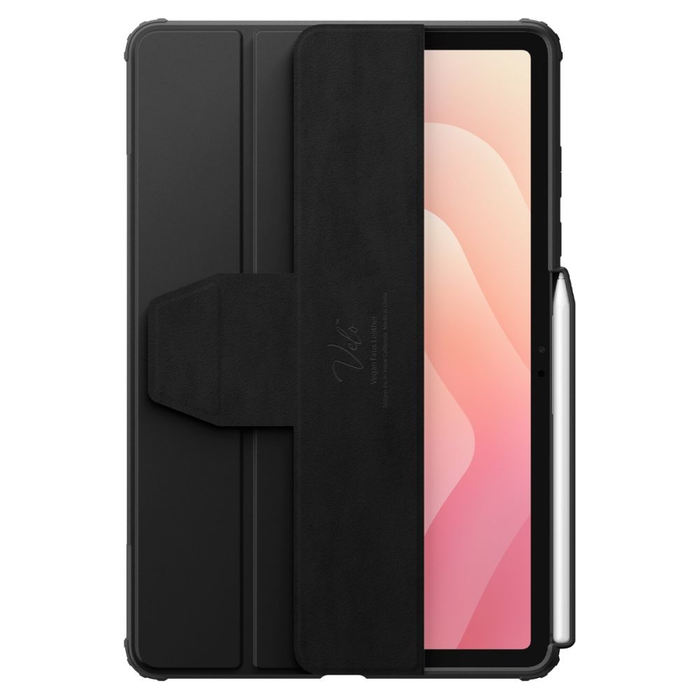 Black tablet case with a tablet inside. The case is open, showing the screen. A stylus is attached. The brand name 'Velo' is visible.