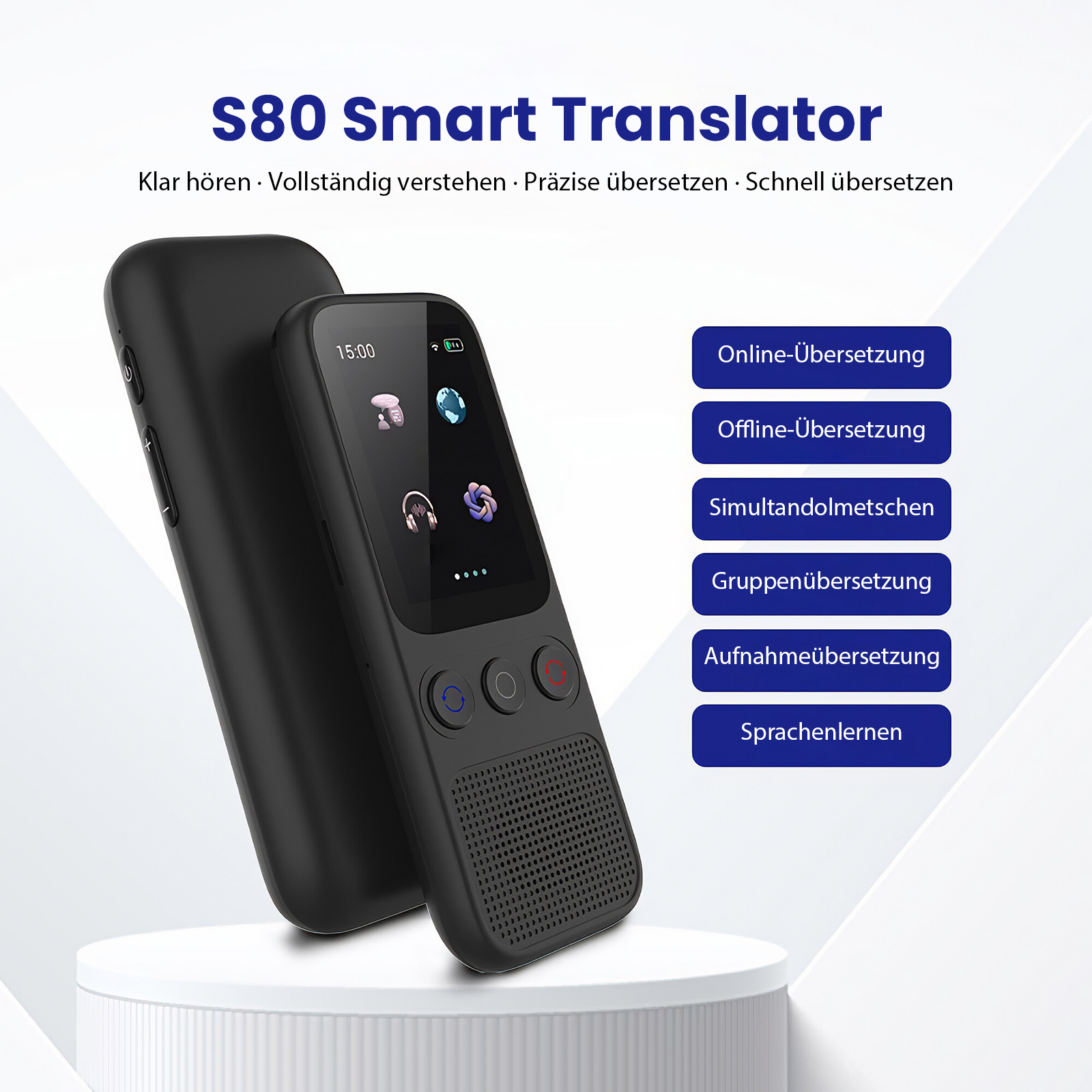 Ein schwarzer S80 Smart-Übersetzer auf einem weißen Ständer. Es hat einen Bildschirm und Knöpfe. Text auf dem Bildschirm und an der Seite.