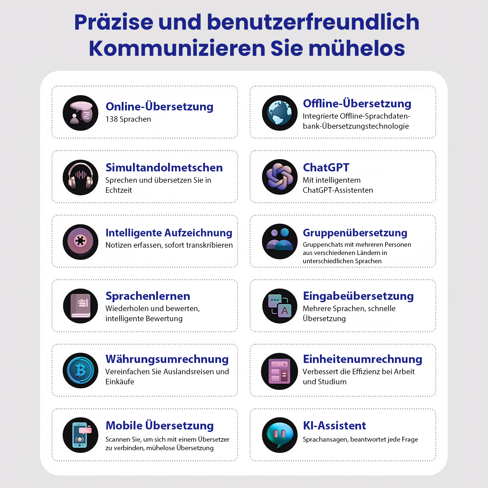 Bild mit Übersetzungsfunktionen, einschließlich Online-, Offline-, Simultan- und ChatGPT, mit vielen Optionen.