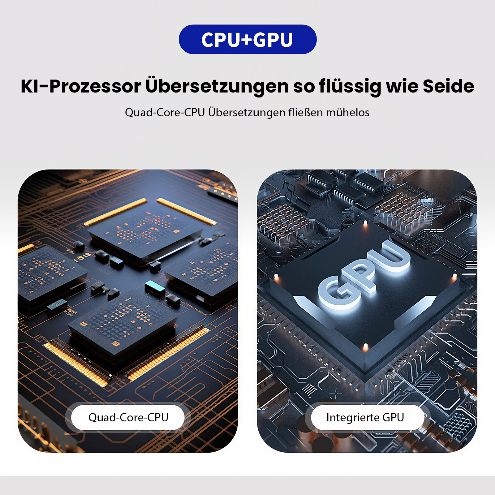 Das Bild zeigt zwei Computerchip-Diagramme, eines mit der Bezeichnung 'Quad-Core-CPU' und das andere 'Integrierte GPU'.