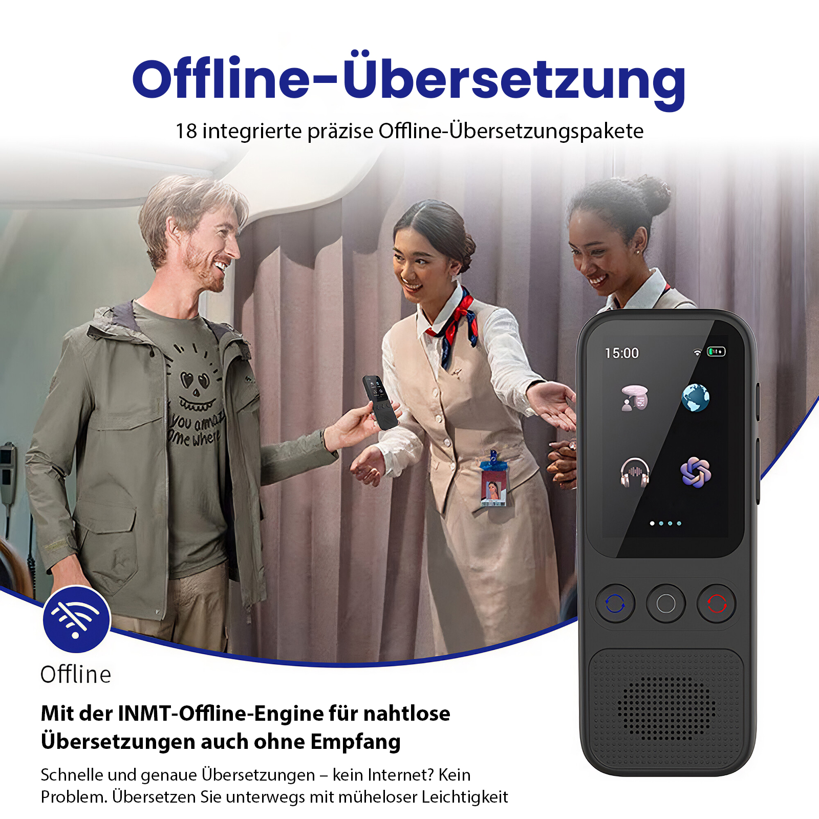 Das Bild zeigt Personen, die mit einem Übersetzungsgerät interagieren. Text lautet 'Offline-Übersetzung'. Gerät zeigt verschiedene Symbole.