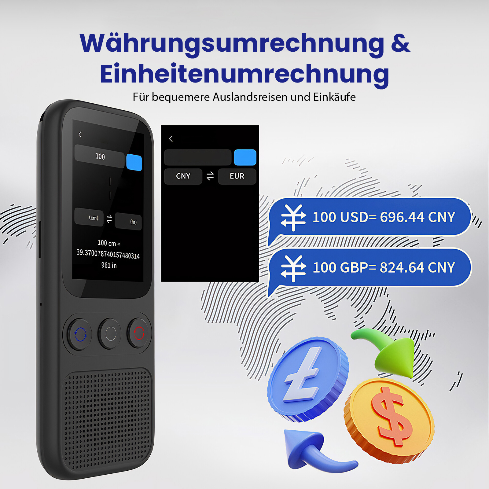 Ein Währungsumrechner mit Wechselkursen und Münzen. Das Gerät zeigt cm in Zoll. Der Hintergrund hat ein Weltkartendesign.