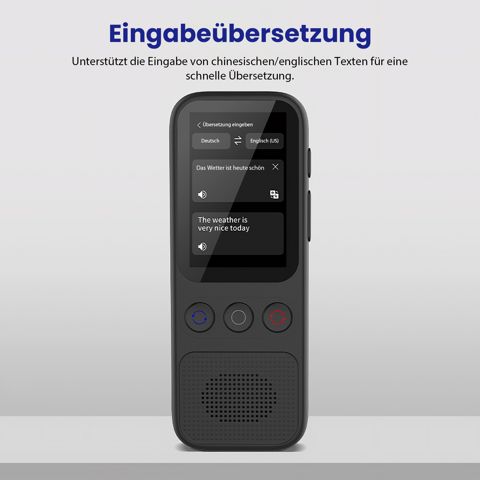 Ein tragbares Übersetzungsgerät zeigt Deutsch-Englisch-Übersetzung an. Der Bildschirm zeigt 'The weather is very nice today'.