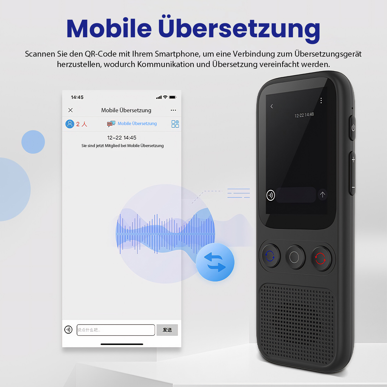 Das Bild zeigt ein Übersetzungsgerät mit einem Bildschirm, der eine Unterhaltung und einen Smartphone-Bildschirm anzeigt.