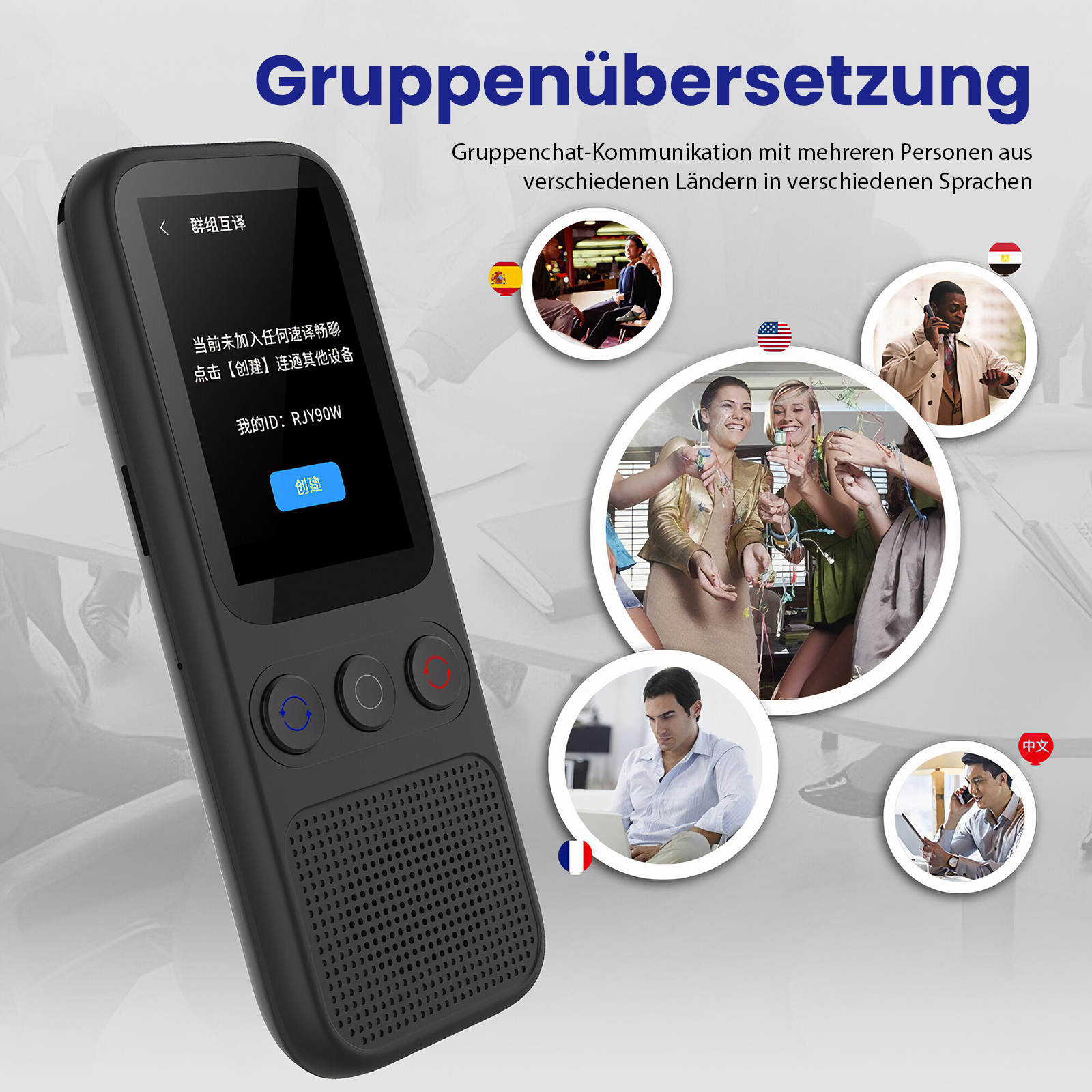 Schwarzes Übersetzungsgerät mit Bildschirm. Menschen in Kreisen telefonieren und feiern mit Konfetti.