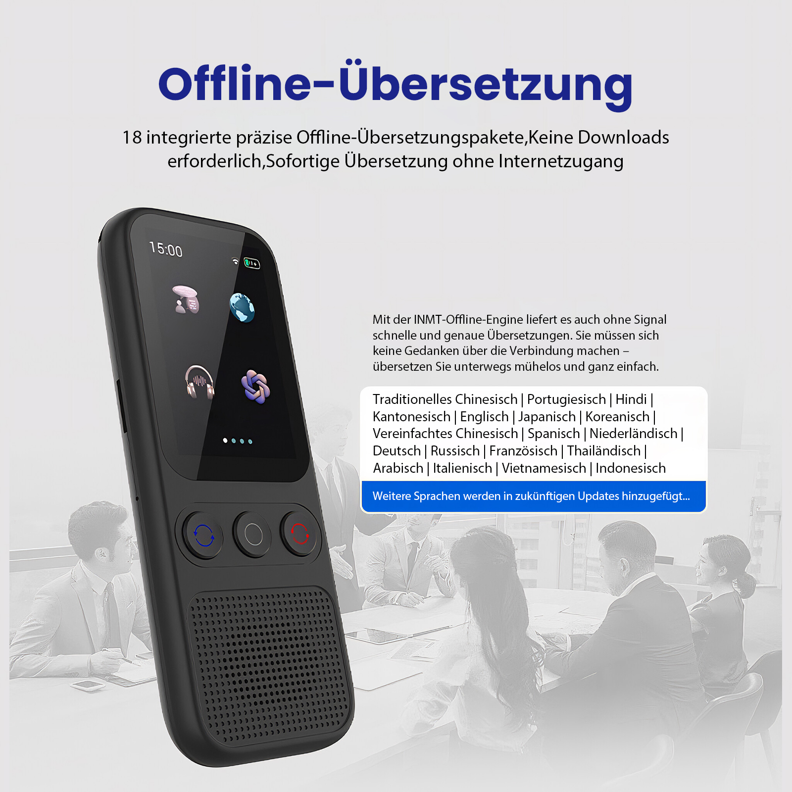Ein schwarzes Übersetzungsgerät mit Bildschirm, Knöpfen und Lautsprecher. Text auf Deutsch, Personen im Hintergrund.
