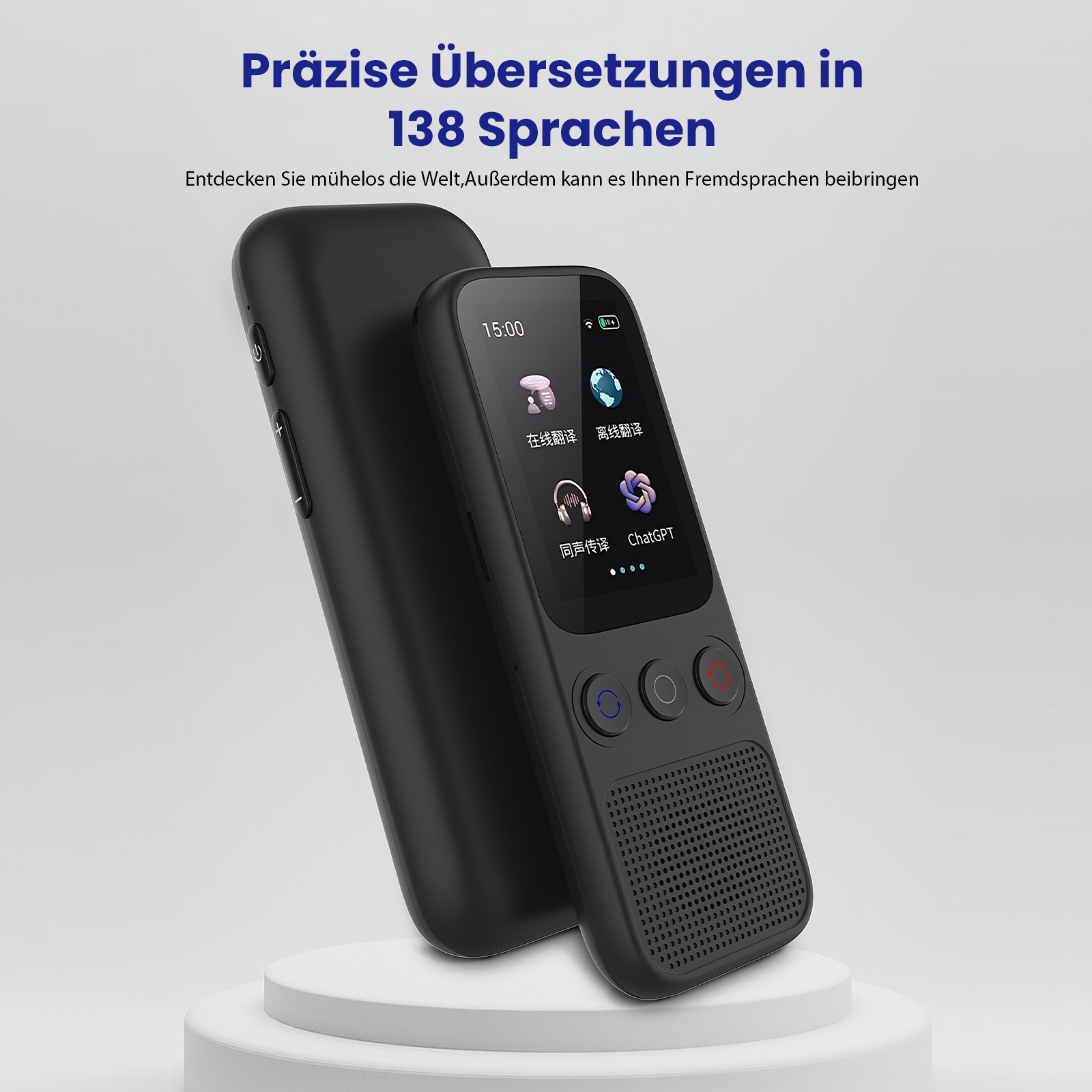 Schwarzes Übersetzungsgerät mit einem Bildschirm mit Symbolen. Dahinter befindet sich ein größeres schwarzes Gerät. Der Hintergrund ist weiß.