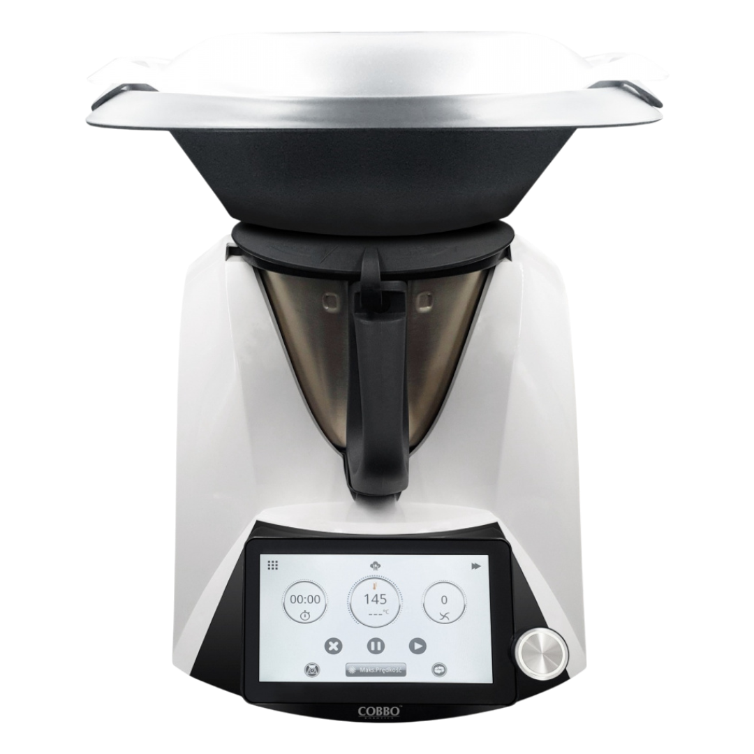 Białe i czarne urządzenie kuchenne z ekranem dotykowym. Ma misę i pokrywę ze stali nierdzewnej, z czarnym uchwytem.