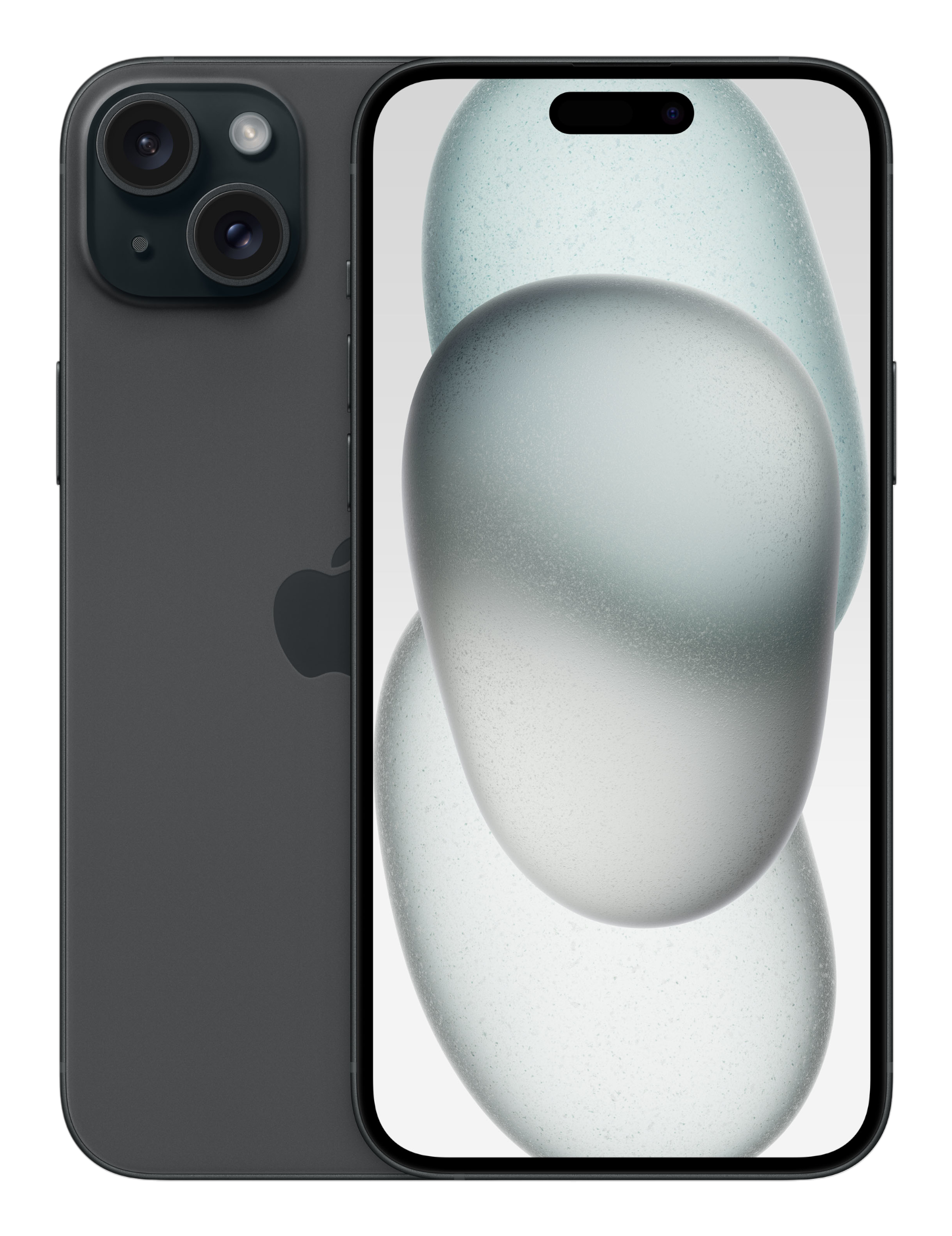 Ciemnoszary smartfon z trzema aparatami i ekranem wyświetlającym abstrakcyjne, jasnoniebieskie kształty.