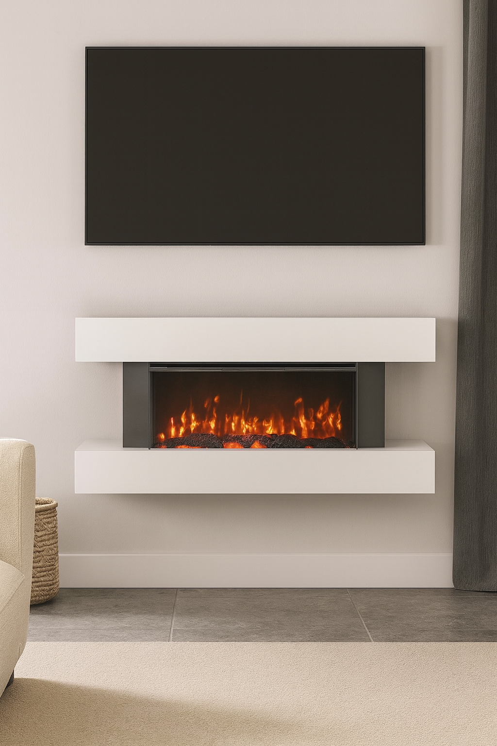 Una chimenea moderna con fuego brillante, montada debajo de un televisor negro en una pared blanca. Una cortina está a la derecha.