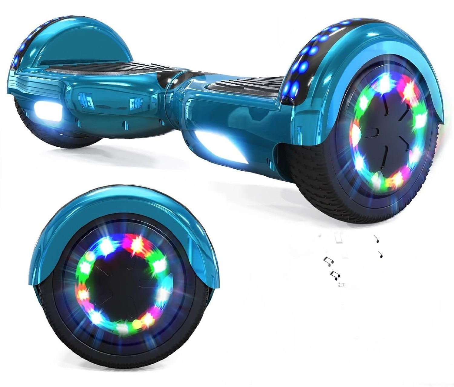 Ein blaues Hoverboard mit beleuchteten Rädern. Die Räder haben bunte Lichter. Ein Rad ist separat dargestellt. Weißer Hintergrund.