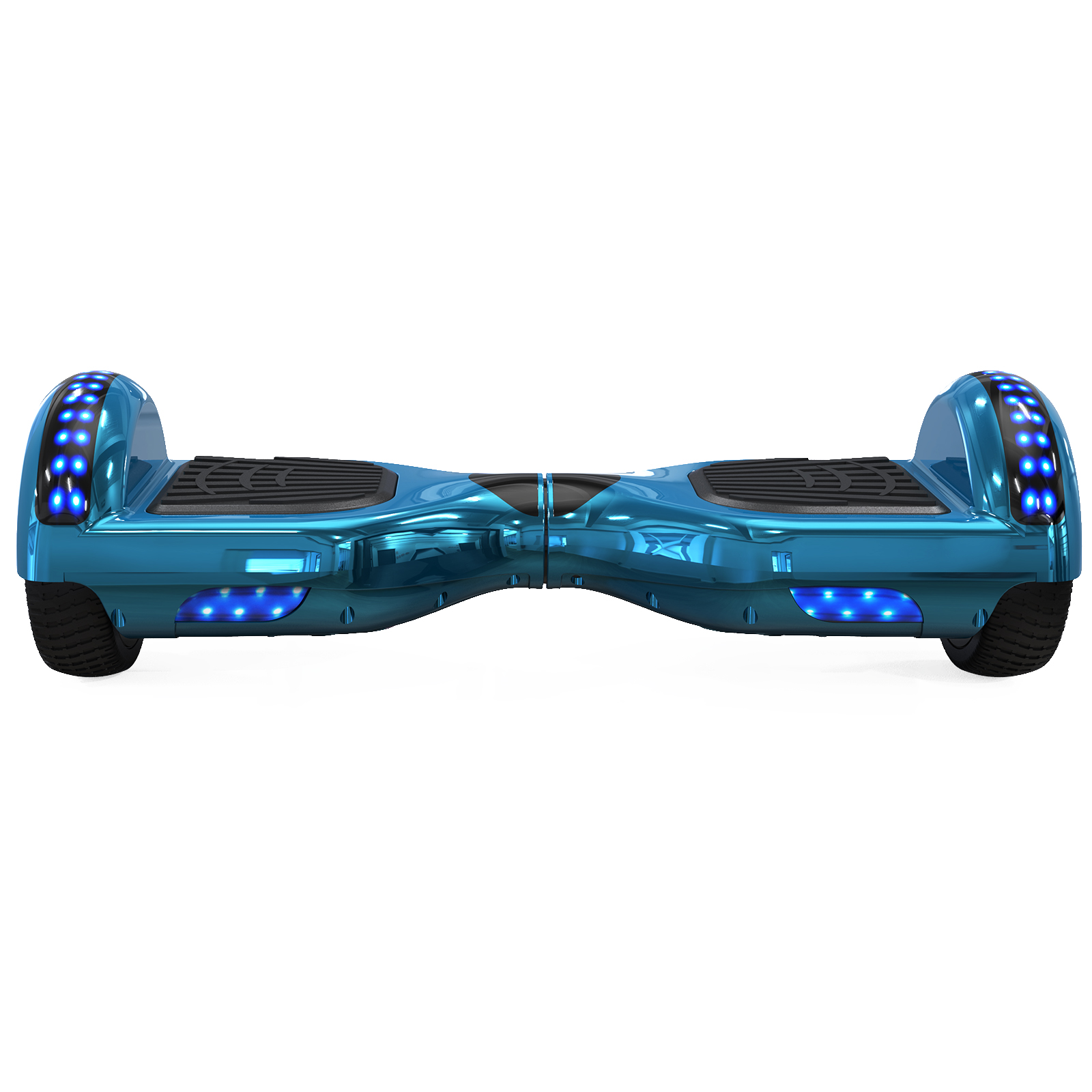 Un hoverboard azul con almohadillas negras y luces LED azules en la parte delantera y laterales, aislado sobre blanco.