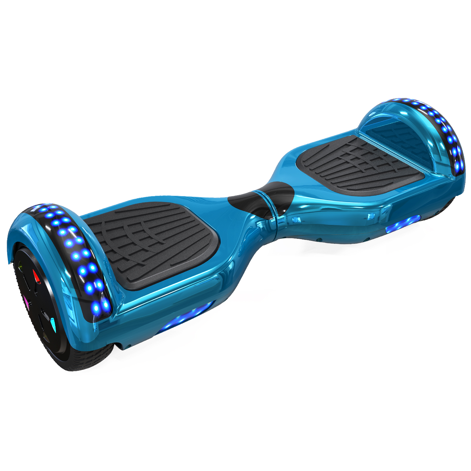 Un hoverboard azul con almohadillas negras y luces LED. El fondo es blanco.