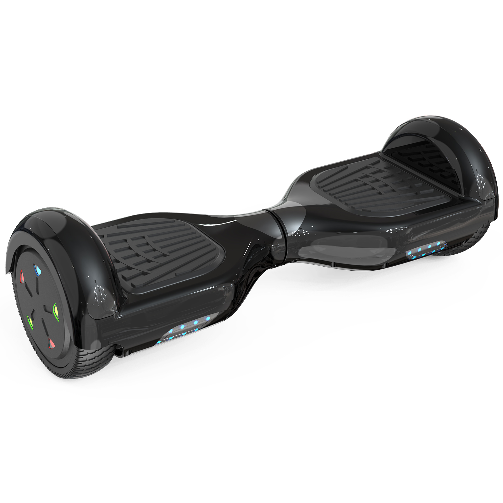 Un hoverboard negro sobre un fondo blanco. Tiene almohadillas para los pies, ruedas y luces. El hoverboard está centrado.