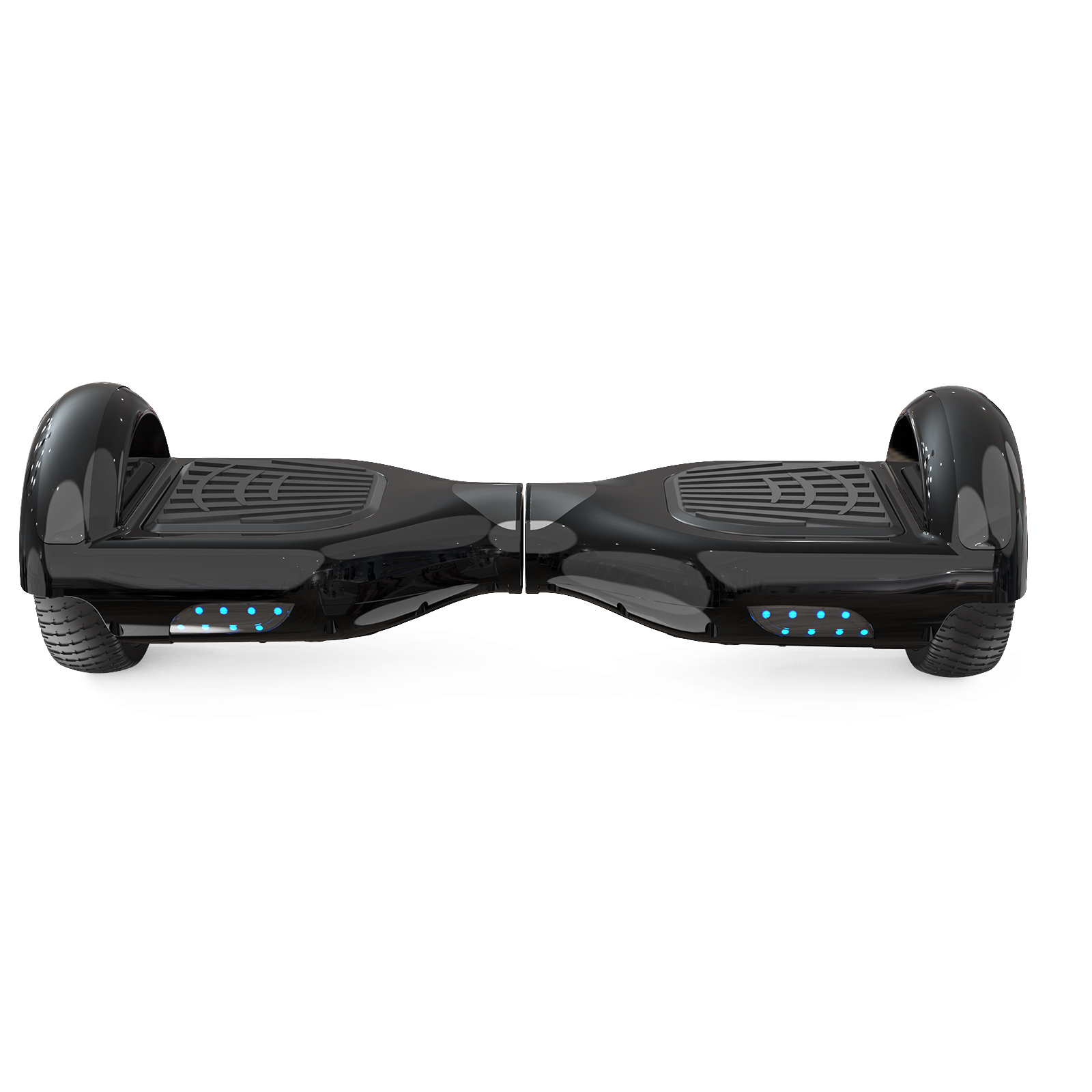 Un hoverboard negro centrado, sobre un fondo blanco. Cuenta con dos plataformas para los pies y luces azules.