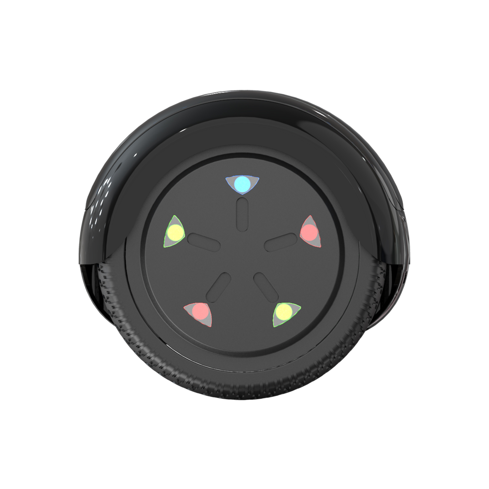 Vista superior de un hoverboard negro. Cinco luces de colores: azul, rojo, amarillo y verde. Aislado sobre fondo blanco.