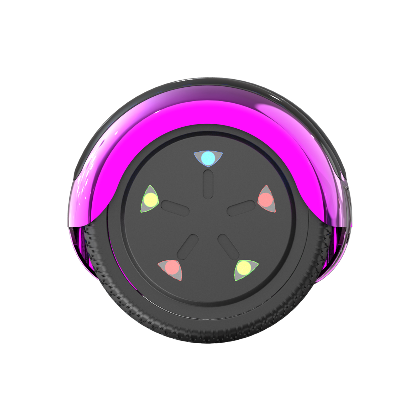 Vista de cerca de un dispositivo, con un centro oscuro con luces. Un anillo rosa brillante lo rodea. Fondo blanco.