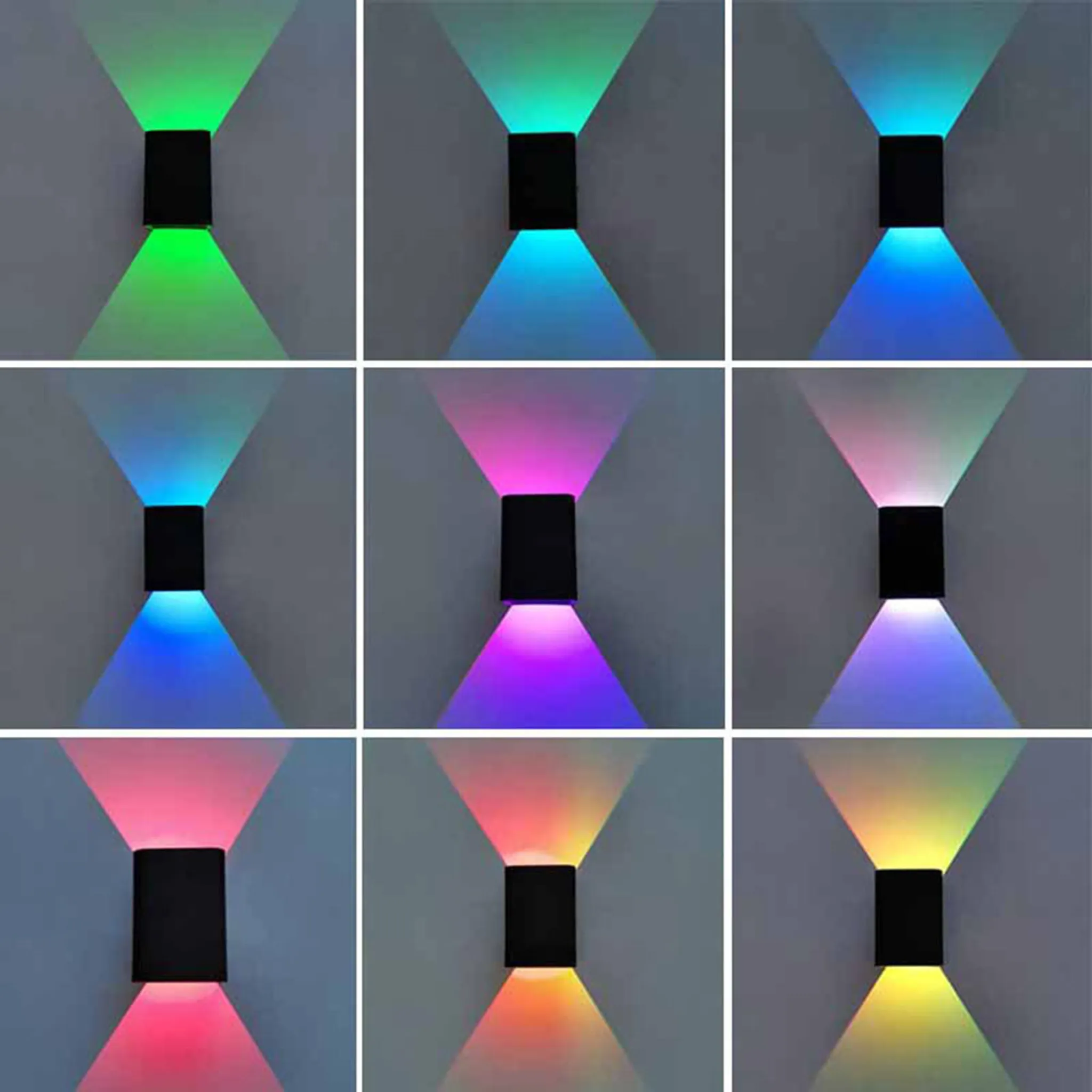 Neun Bilder von schwarzen Wandlampen, die farbiges Licht aussenden. Farben sind Grün, Blau, Rosa und Gelb. Die Wand ist hellgrau.