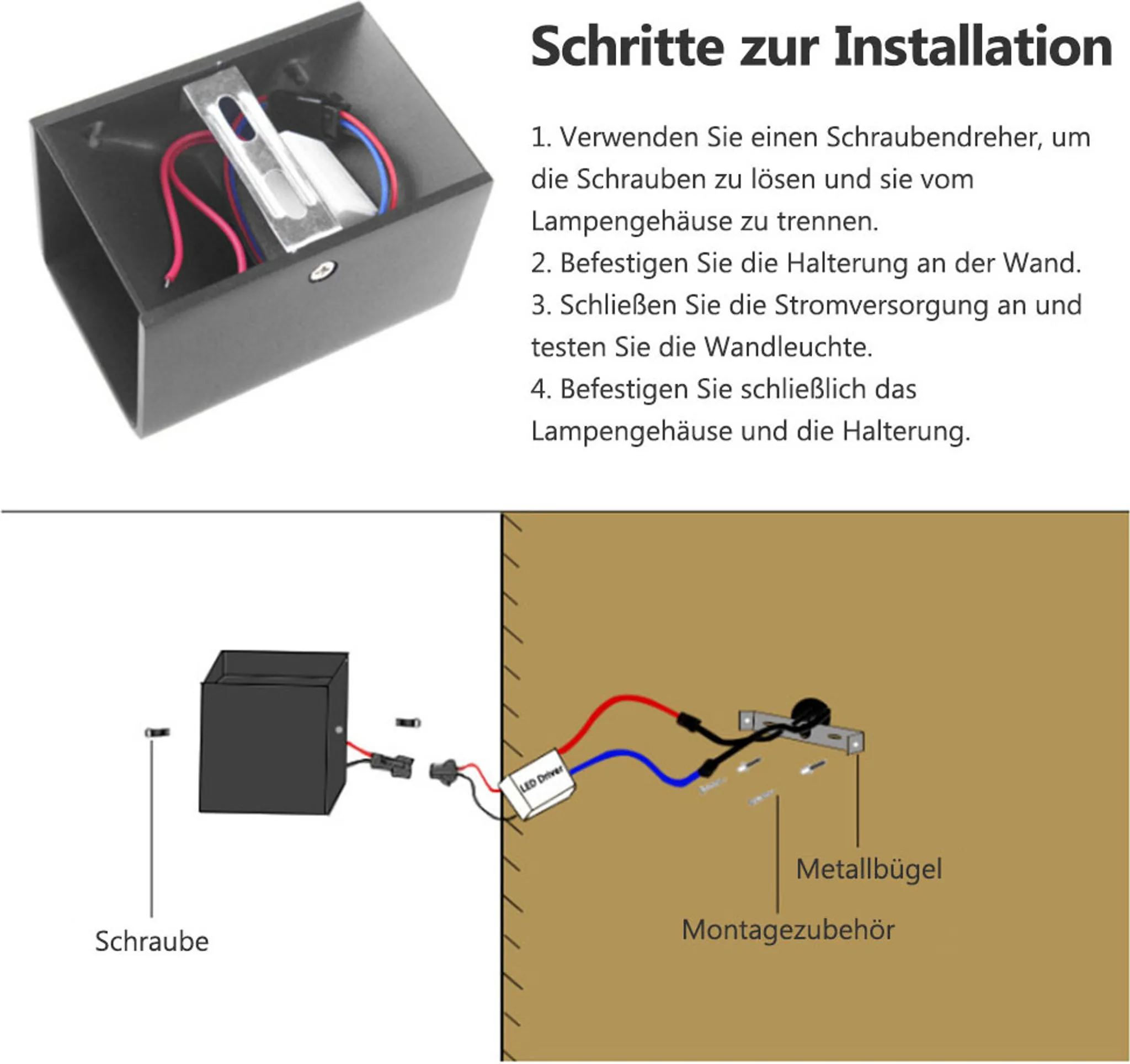 Diagramm der Wandleuchteninstallation mit Komponenten und Schritten. Enthält eine schwarze Leuchte und Wandhalterung.