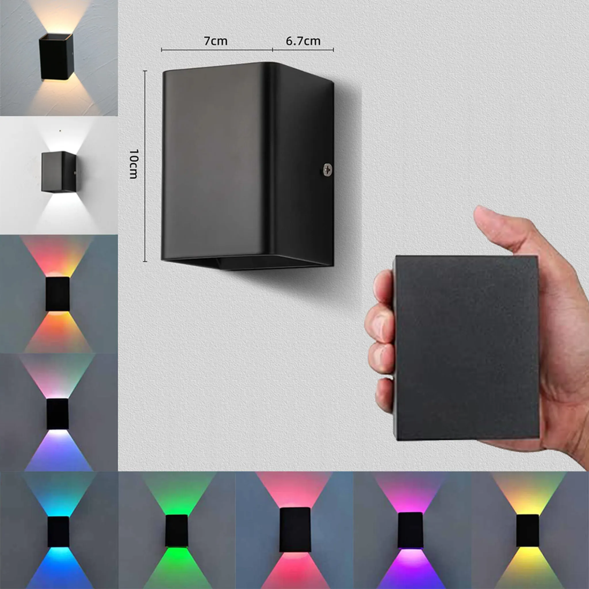 Schwarze Wandleuchte mit farbigen Lichtvariationen. Eine Hand hält eine ähnliche Leuchte. Abmessungen werden neben der größeren angezeigt.