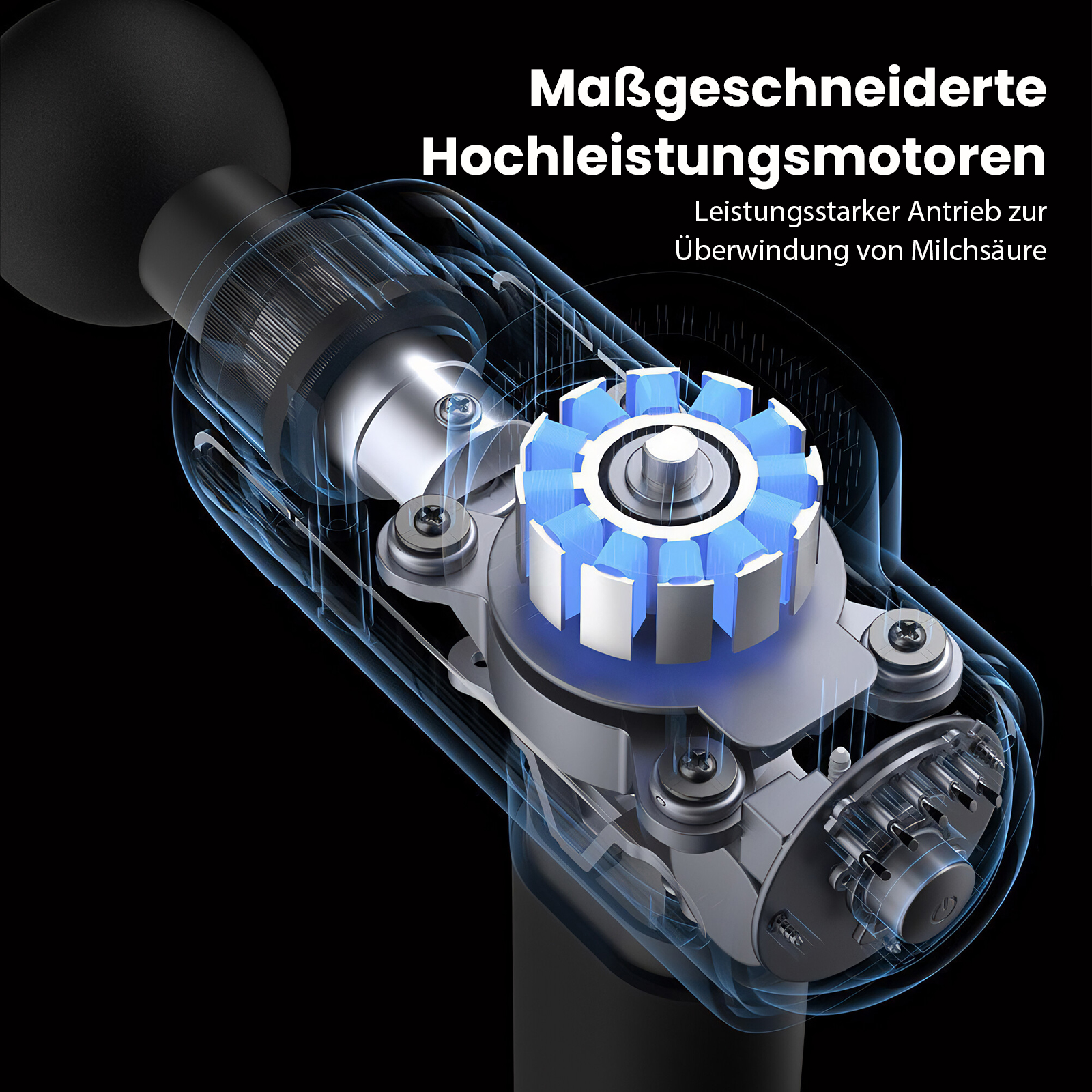 Anatomie eines Massagepistolenmotors, mit blauen Highlights und transparentem Overlay, vor schwarzem Hintergrund.