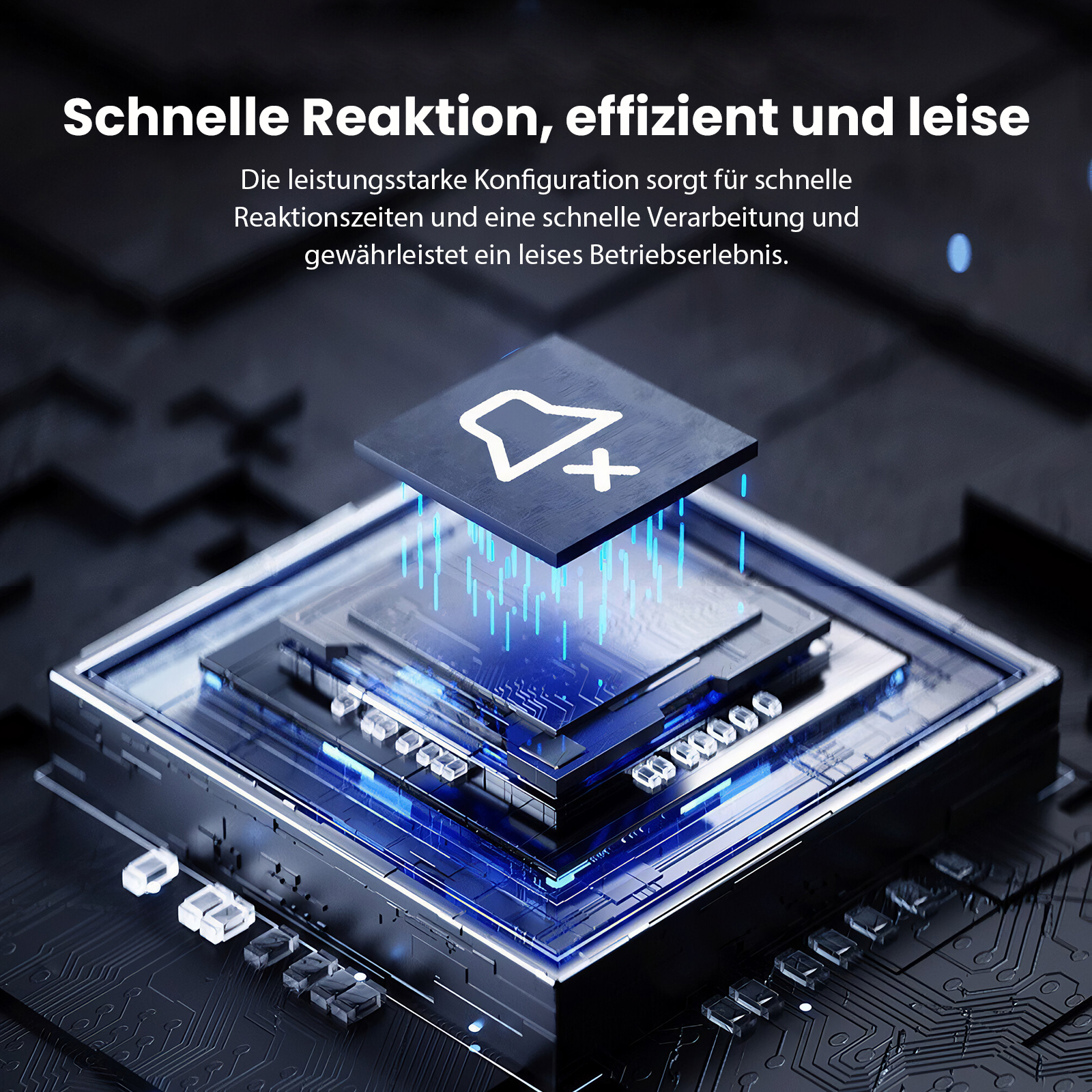 Nahaufnahme eines Computerchips mit Lautsprechersymbol und Pluszeichen. Der Text lautet schnelle Reaktion, effizient und leise.