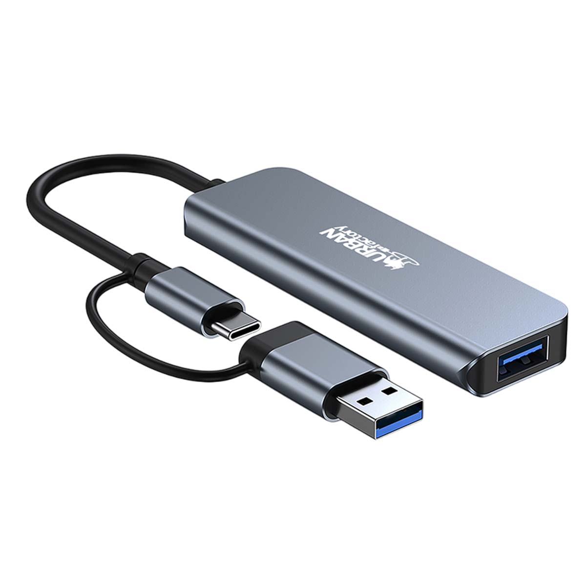 Un hub USB gris avec un connecteur USB-C et USB-A. Il a un câble noir. Le nom de la marque est imprimé en haut.