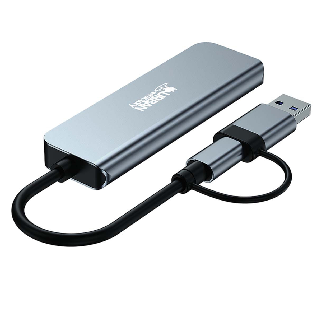 Un hub USB argenté avec un câble noir. Le hub porte l'inscription 'Urban factory'. Il est sur fond blanc.