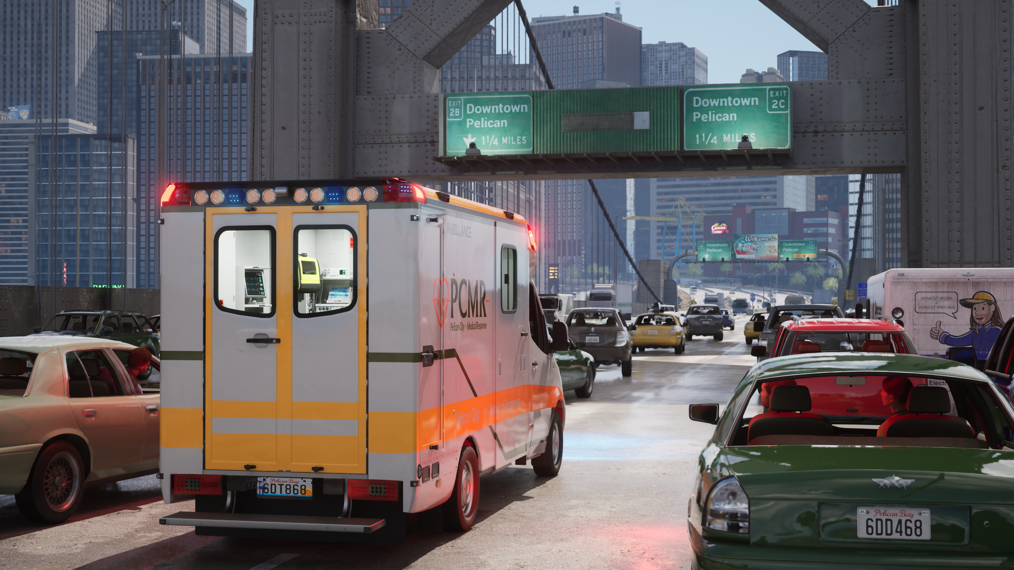 Ein Krankenwagen steht auf einer Brücke im Stau. Schilder weisen auf Downtown Pelican hin. Andere Autos umgeben es in einer Stadt.